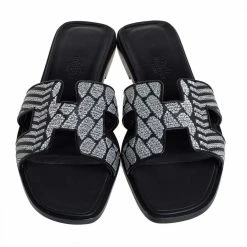 Hermes Black/Silver Embroidered Leather Oran Flat Slides Size 37 For Women -Deals Hermes Store luxury women hermes new shoes p415064 001