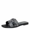 Hermes Black/Silver Embroidered Leather Oran Flat Slides Size 37 For Women