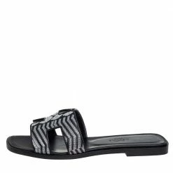 Hermes Black/Silver Embroidered Leather Oran Flat Slides Size 37 For Women -Deals Hermes Store luxury women hermes new shoes p415064 005