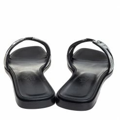 Hermes Black/Silver Embroidered Leather Oran Flat Slides Size 37 For Women -Deals Hermes Store luxury women hermes new shoes p415064 007