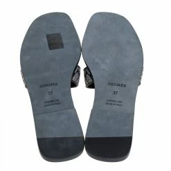 Hermes Black/Silver Embroidered Leather Oran Flat Slides Size 37 For Women -Deals Hermes Store luxury women hermes new shoes p415064 008