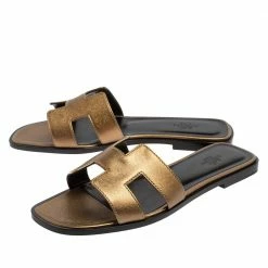 Hermes Gold Leather Oran Flats Size 39 For Women -Deals Hermes Store luxury women hermes new shoes p426670 006
