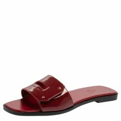 Hermes Burgundy Patent Leather View Flats Size 37 For Women