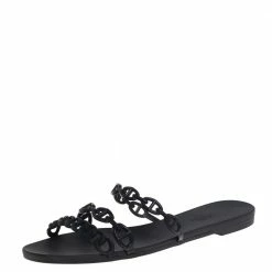 Hermes Black Rubber Chain Slide Sandals Size 39 For Women