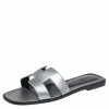 Hermes Silver Leather Oran Flat Slides Size 38 For Women -Deals Hermes Store luxury women hermes new shoes p437320 004