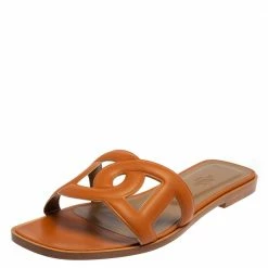 Hermes Tan Leather Omaha Flat Slides Size 38 For Women