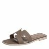 Hermes Grey Leather Oran Flat Slides Size 37.5 For Women