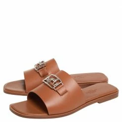 Hermes Brown Leather Villa Flat Slides Sandals Size 37.5 For Women -Deals Hermes Store luxury women hermes new shoes p464869 001