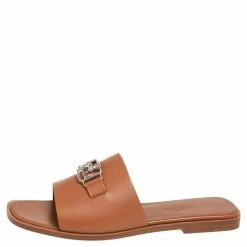 Hermes Brown Leather Villa Flat Slides Sandals Size 37.5 For Women -Deals Hermes Store luxury women hermes new shoes p464869 004