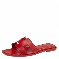 Hermes Red Leather Oran Flat Sandals Size 38 For Women