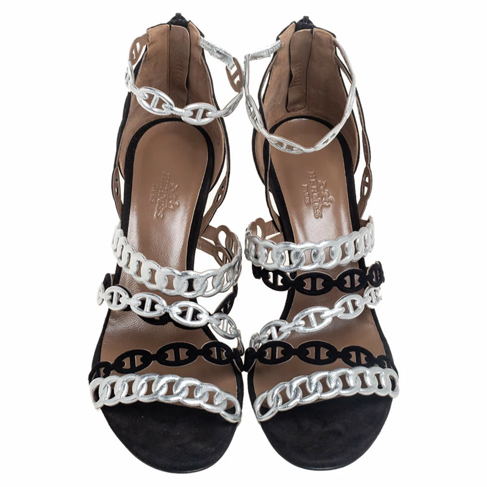 Hermes Silver/Black Suede And Leather Chaine D'Ancre Sandals Size 37.5 For Women 5 Hermes Silver/Black Suede And Leather Chaine D'Ancre Sandals Size 37.5 For Women - Image 3