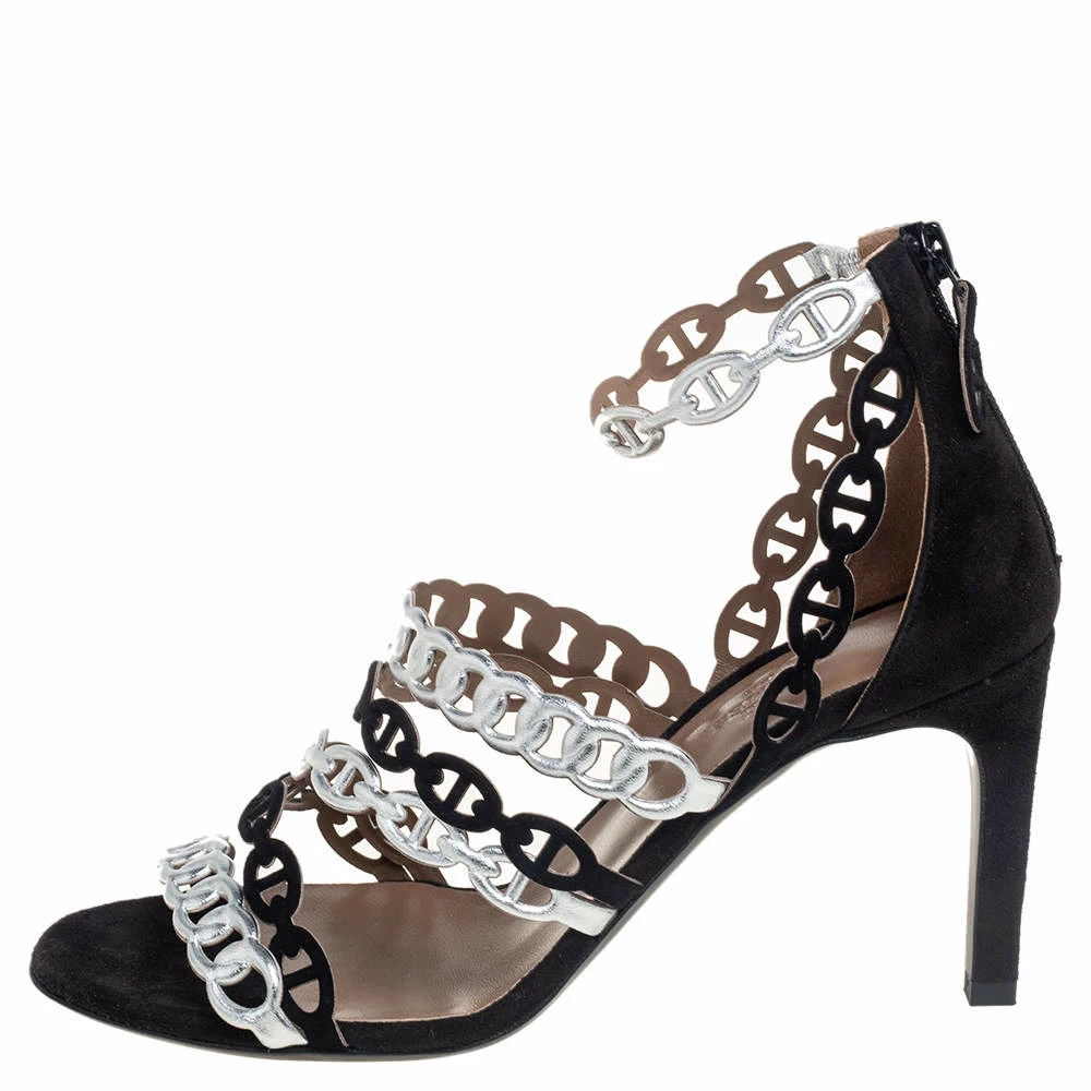 Hermes Silver/Black Suede And Leather Chaine D'Ancre Sandals Size 37.5 For Women 4 Hermes Silver/Black Suede And Leather Chaine D'Ancre Sandals Size 37.5 For Women - Image 2