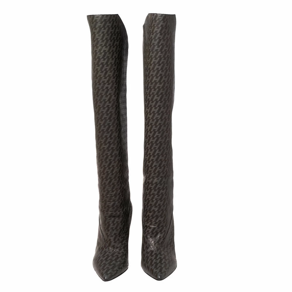Hermes Grey/Black Monogram Leather Wedge Over The Knee Boots Size 37 For Women 5 Hermes Grey/Black Monogram Leather Wedge Over The Knee Boots Size 37 For Women - Image 3
