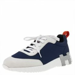 Hermes Navy Blue/White Suede And Neoprene Sneakers Size 39.5 For Women