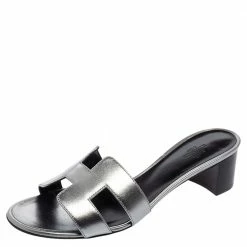 Hermes Hermés Metallic Grey Leather Oasis Slide Sandals Size 40 For Women
