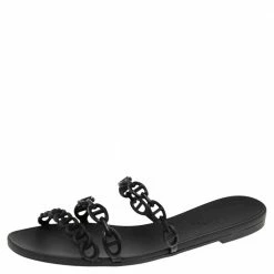 Hermes Black Rubber D'ancre Chaine Rivage Flat Slides Size 39 For Women