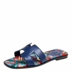 Hermes Navy Blue Leather Oran Flat Slide Sandals Size 36 For Women