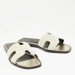 Hermes Beige Fabric Oran Dabka Embroidery Flat Slides Size 37 For Women -Deals Hermes Store luxury women hermes new shoes p635193 007