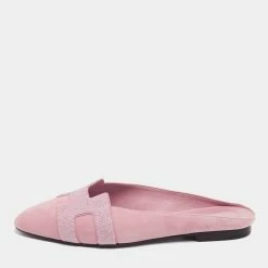 Hermes Pink Glitter And Suede Roxane Mule Flats Size 36 For Women