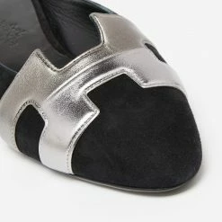 Hermes Black/Metallic Grey Suede And Leather Roxane Flat Mules Size 37 For Women -Deals Hermes Store luxury women hermes new shoes p640539 005