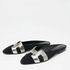Hermes Black/Metallic Grey Suede And Leather Roxane Flat Mules Size 37 For Women -Deals Hermes Store luxury women hermes new shoes p640539 009