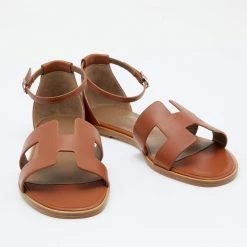 Hermes Brown Leather Santorini Ankle Strap Sandals Size 37 For Women -Deals Hermes Store luxury women hermes new shoes p652625 004