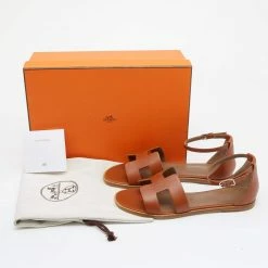 Hermes Brown Leather Santorini Ankle Strap Sandals Size 37 For Women -Deals Hermes Store luxury women hermes new shoes p652625 007