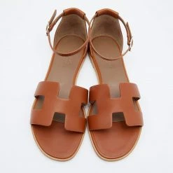 Hermes Brown Leather Santorini Ankle Strap Sandals Size 37 For Women -Deals Hermes Store luxury women hermes new shoes p652625 008