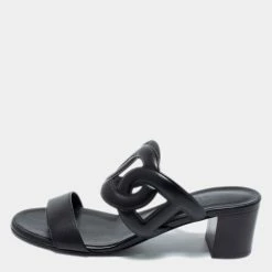 Hermes Black Leather Bikini Slide Sandals Size 36 For Women