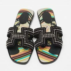 Hermes Black Suede Studded Oran Sandals Size 37.5 For Women -Deals Hermes Store luxury women hermes new shoes p673374 005