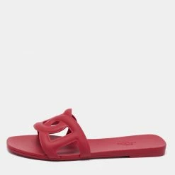 Hermes Burgundy Rubber Aloha Flat Slides Size 37 For Women