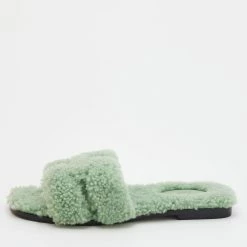 Hermes Mint Green Shearling Fur Oran Flat Sandals Size 38 For Women