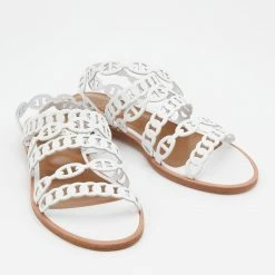 Hermes White Leather Kalliste Ankle Strap Flat Sandals Size 38 For Women -Deals Hermes Store luxury women hermes new shoes p684985 005