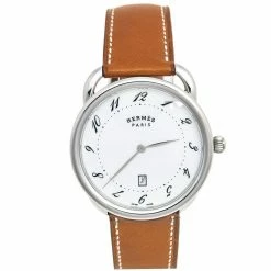 Hermes White Stainless Steel Leather Arceau AR7Q.810 Men's Wristwatch 40 Mm For Men