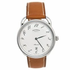 Hermes Silver Stainless Steel Leather Arceau AR8.61AQ Men's Wristwatch 40 Mm For Men