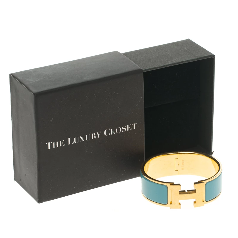 Hermes Clic Clac H Blue Enamel Gold-Plated Wide Bracelet PM For Women 9 Hermes Clic Clac H Blue Enamel Gold-Plated Wide Bracelet PM For Women - Image 7