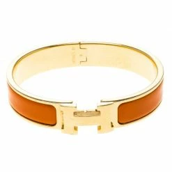 Hermes Clic Clac H Orange Enamel Gold-Plated Narrow Bracelet PM For Women