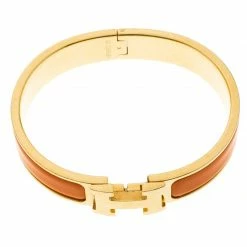 Hermes Clic Clac H Orange Enamel Gold-Plated Narrow Bracelet PM For Women -Deals Hermes Store luxury women hermes used accessories p102255 005
