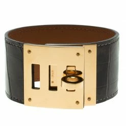 Hermes Kelly Dog Brown Alligator Leather Gold Plated Wide Bracelet For Women