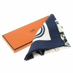 Hermes Navy Blue And White Brides De Gala Silk Pocket Square For Women -Deals Hermes Store luxury women hermes used accessories p107462 006