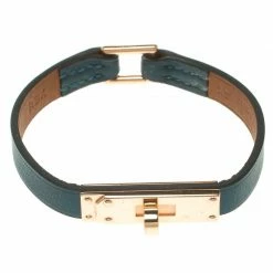 Hermes Micro Kelly Blue Leather Rose Gold Plated Narrow Bracelet XS For Women