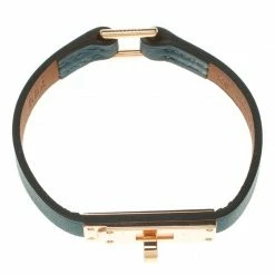 Hermes Micro Kelly Blue Leather Rose Gold Plated Narrow Bracelet XS For Women -Deals Hermes Store luxury women hermes used accessories p110990 004