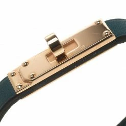 Hermes Micro Kelly Blue Leather Rose Gold Plated Narrow Bracelet XS For Women -Deals Hermes Store luxury women hermes used accessories p110990 005