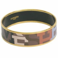Hermes Wide Printed Enamel Gold-Plated Bracelet 22CM For Women