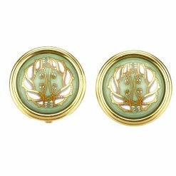 Hermes Cloisonne Green Gold Tone Clip On Earrings For Women