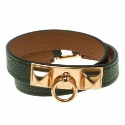 Hermes Rivale Double Tour Bottle Green Leather Rose Gold Plated Bracelet For Women