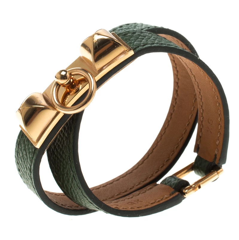 Hermes Rivale Double Tour Bottle Green Leather Rose Gold Plated Bracelet For Women 4 Hermes Rivale Double Tour Bottle Green Leather Rose Gold Plated Bracelet For Women - Image 2
