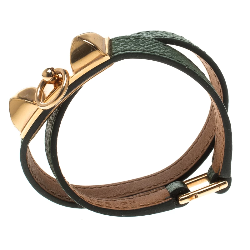 Hermes Rivale Double Tour Bottle Green Leather Rose Gold Plated Bracelet For Women 5 Hermes Rivale Double Tour Bottle Green Leather Rose Gold Plated Bracelet For Women - Image 3