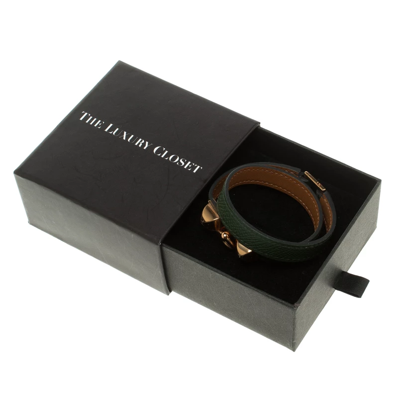 Hermes Rivale Double Tour Bottle Green Leather Rose Gold Plated Bracelet For Women 9 Hermes Rivale Double Tour Bottle Green Leather Rose Gold Plated Bracelet For Women - Image 7