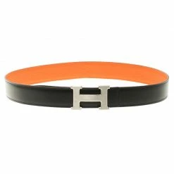 Hermes Black And Orange Leather H Buckle Reversible Belt 85cm For Women